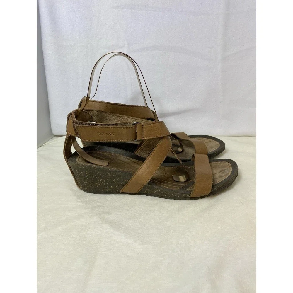 Teva Womens Cabrillo Brown Leather Strap S/N 1007732 Wedge Sandals Size 10